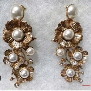 EB Signed Antique Gold Clematis Pearl Climber Earrings Floral  Bridal